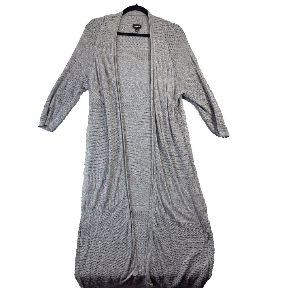 Torrid Cardigan Womens 2 Gray Pointelle Open Knit Longline Long Sleeve Duster